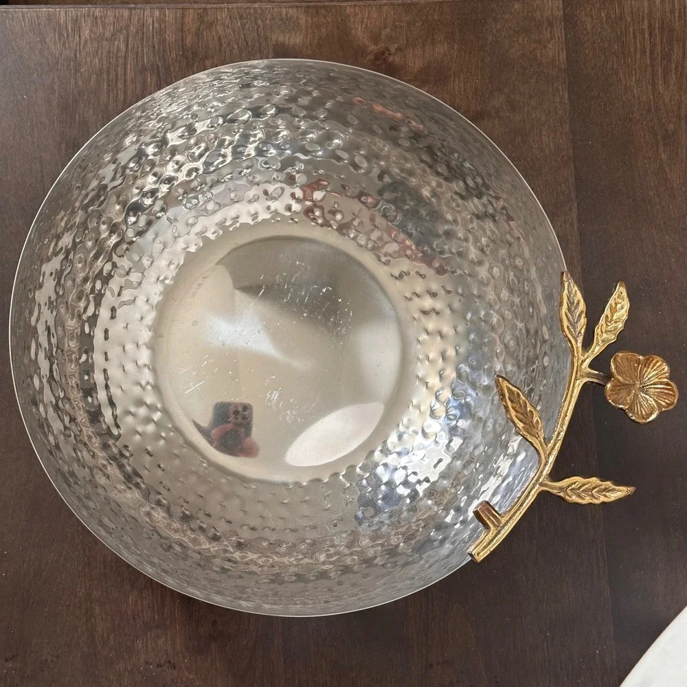Hammered Silver Metal Serving Bowl with Gold Floral Branch Handle Made in India